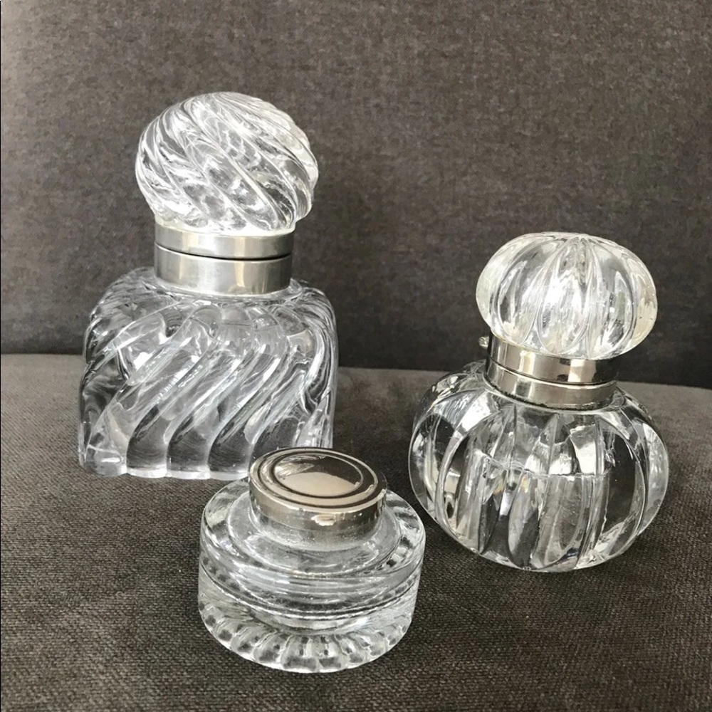 Trio of glass and silver vintage inkwells